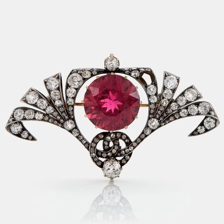 6 CT Ruby 2 CT Natural Diamond 925 Sterling Silver Brooch