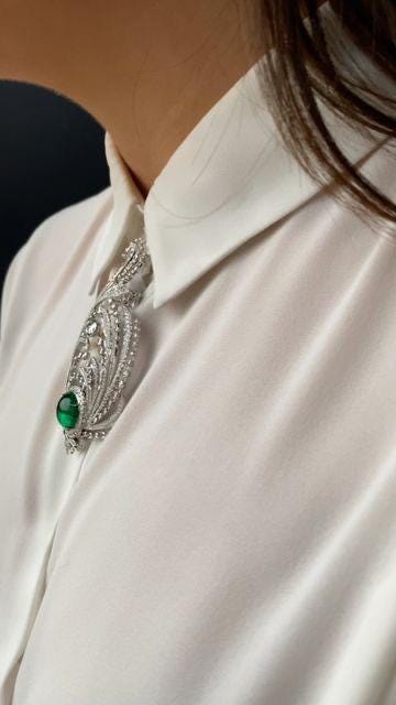10ct Emerald 4ct Lab Grow Diamond 925 Sterling Silver Brooch