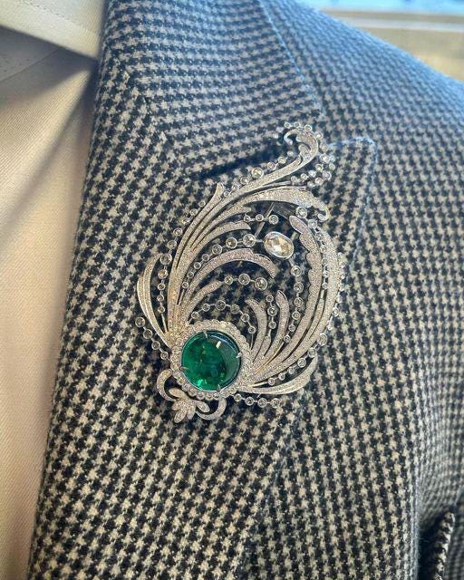10ct Emerald 4ct Lab Grow Diamond 925 Sterling Silver Brooch