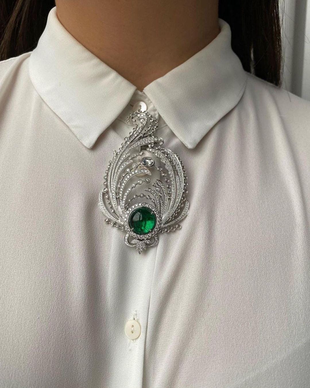 10ct Emerald 4ct Lab Grow Diamond 925 Sterling Silver Brooch