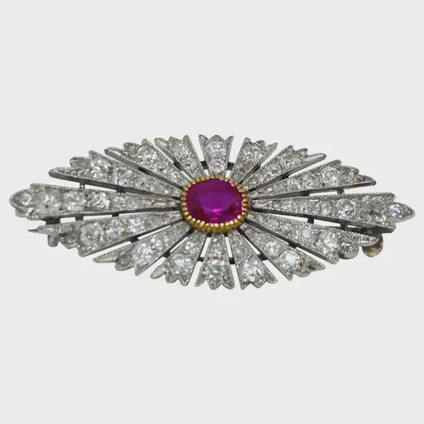 6 CT Ruby 3 CT Natural Diamond 925 Sterling Silver Brooch