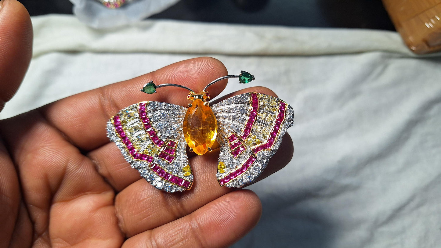 18CT Citrine 4CT Rubies 6CT Zircon 925 Sterling Silver Brooch
