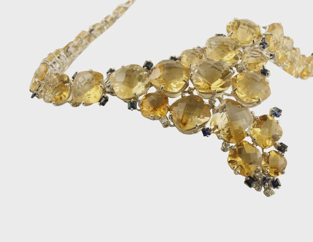 Necklace - Cushion Shape 280ct Citrine 2ct Diamond 4ct Onyx Royal Necklace 925 Sterling Silver