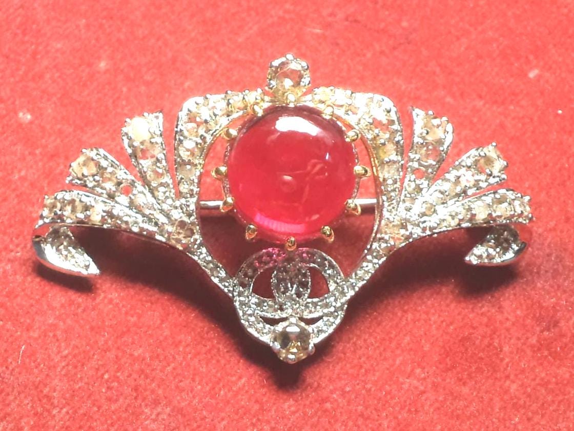 6 CT Ruby 2 CT Natural Diamond 925 Sterling Silver Brooch