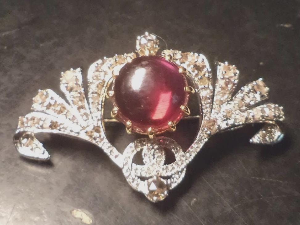 6 CT Ruby 2 CT Natural Diamond 925 Sterling Silver Brooch