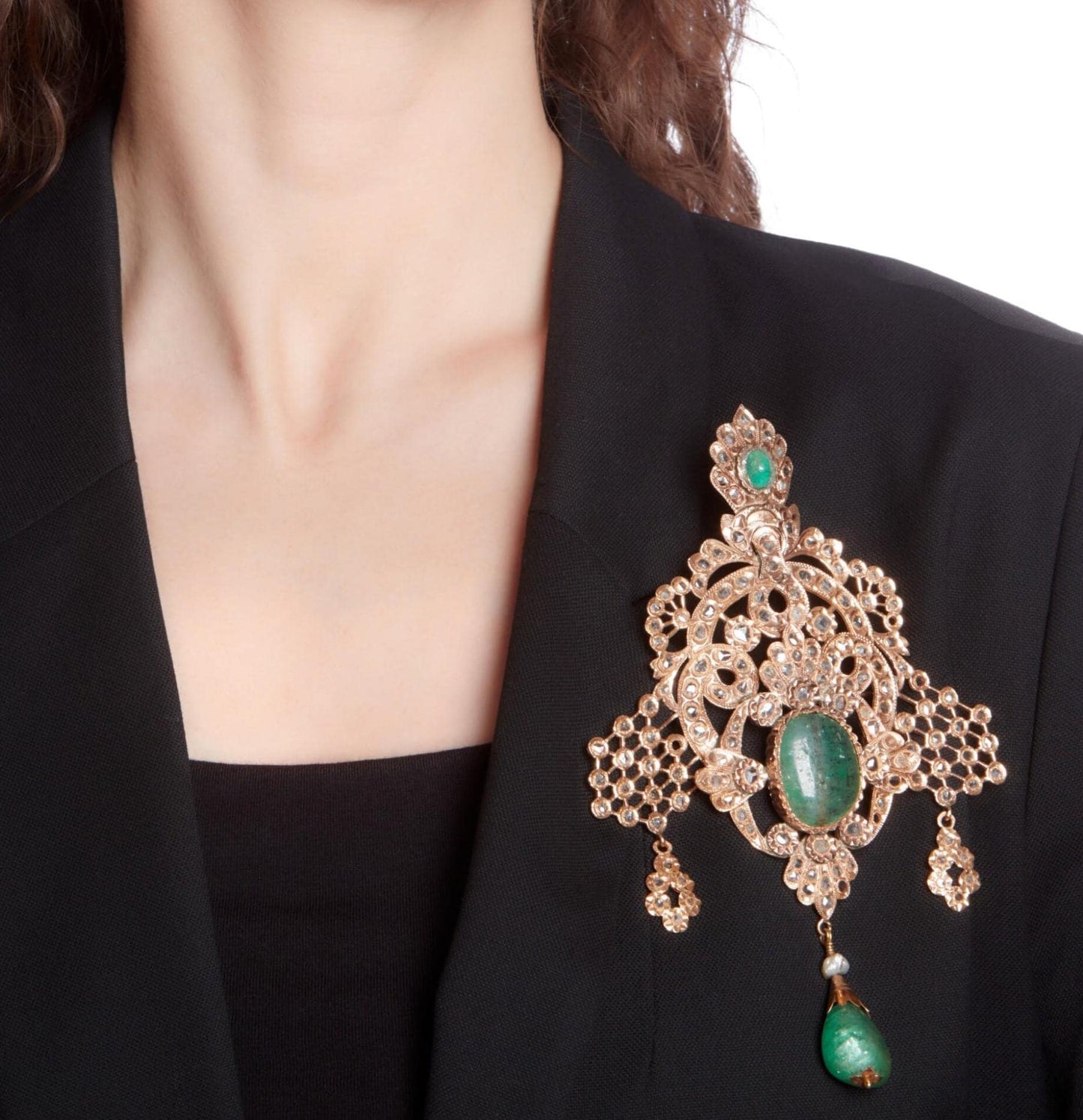 18ct Emerald 2ct Natural Diamond 925 Sterling Silver Brooch