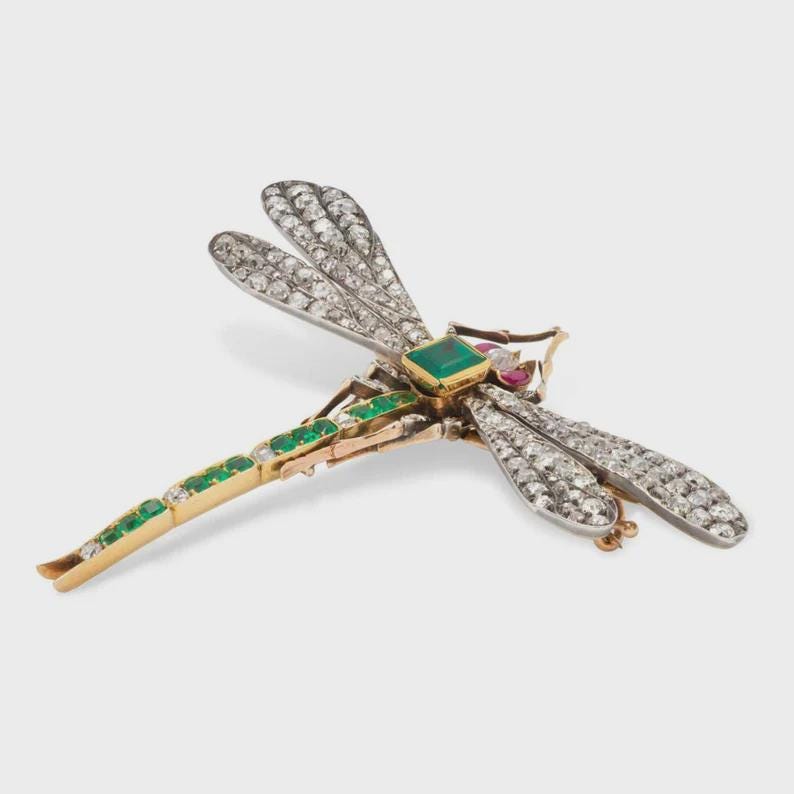 Beautiful Art Deco 8ct Lab Emerald 2.5ct Natural Diamond 10 Cent Ruby, 925 Sterling Silver Handmade Dragonfly Brooch