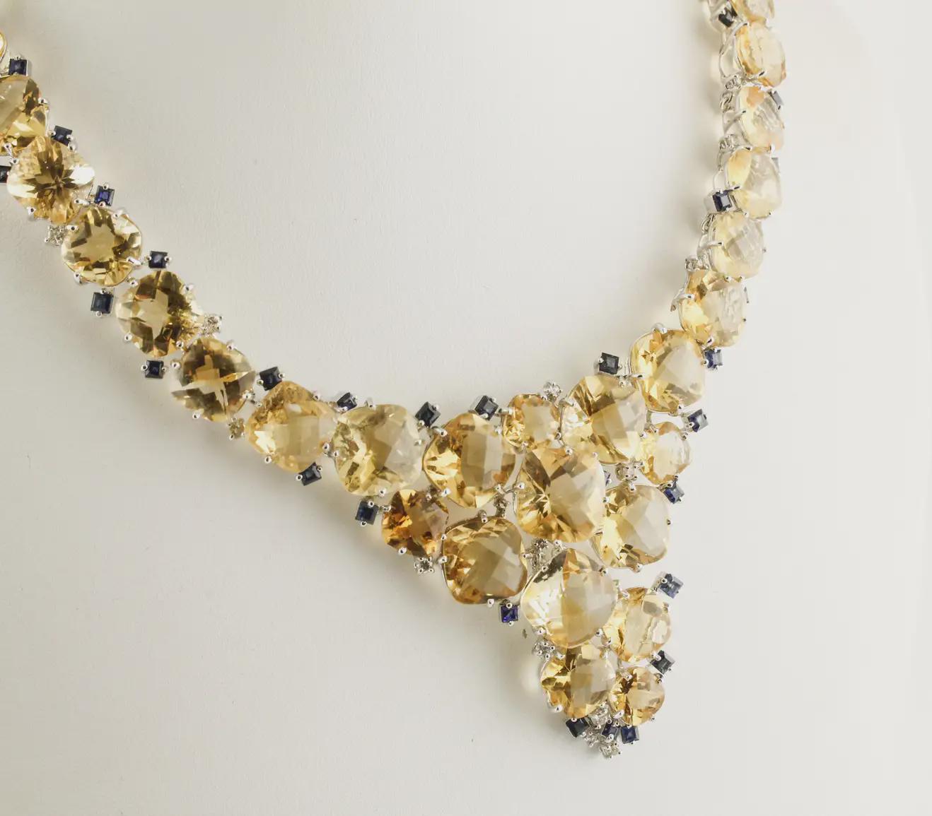 Necklace - Cushion Shape 280ct Citrine 2ct Diamond 4ct Onyx Royal Necklace 925 Sterling Silver