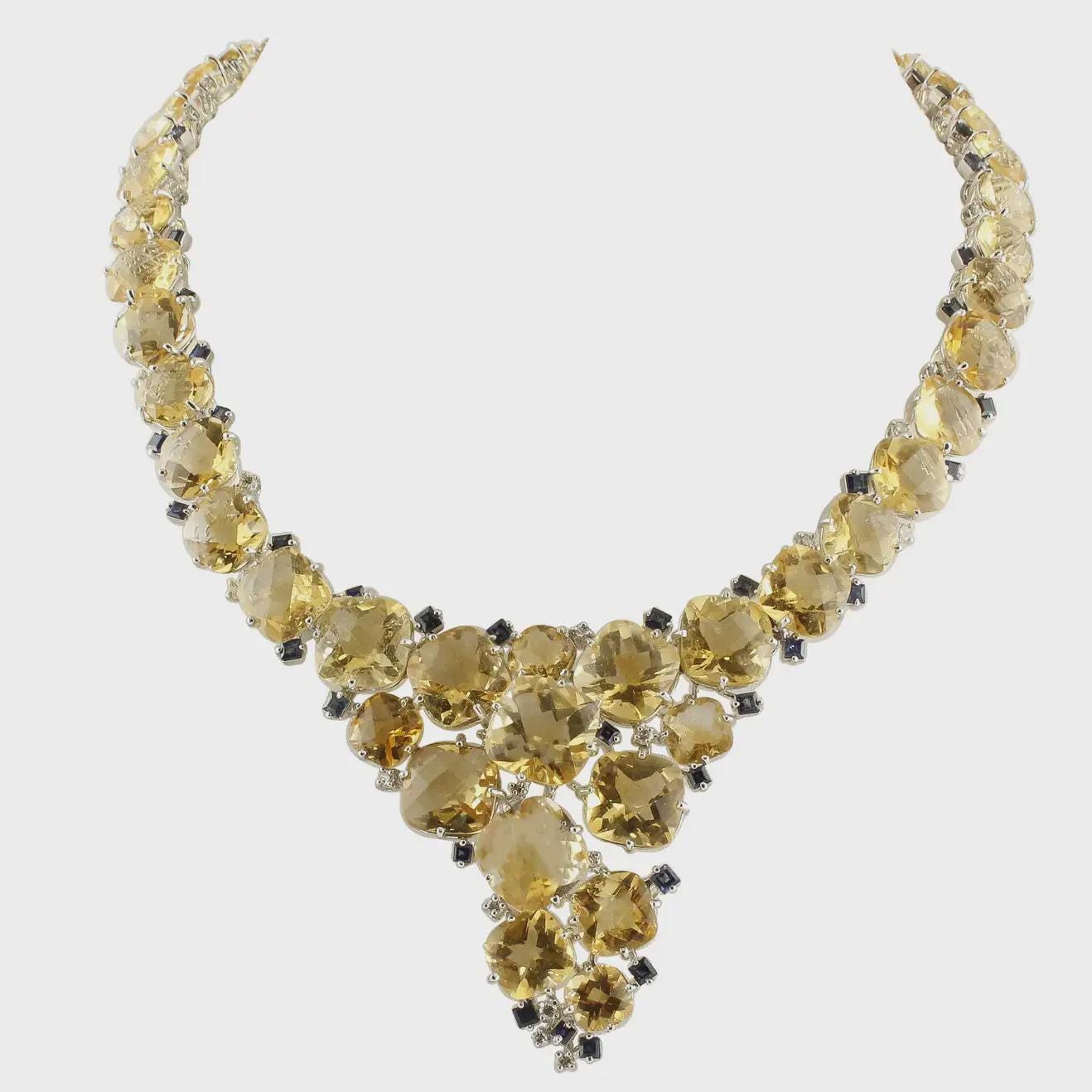 Necklace - Cushion Shape 280ct Citrine 2ct Diamond 4ct Onyx Royal Necklace 925 Sterling Silver
