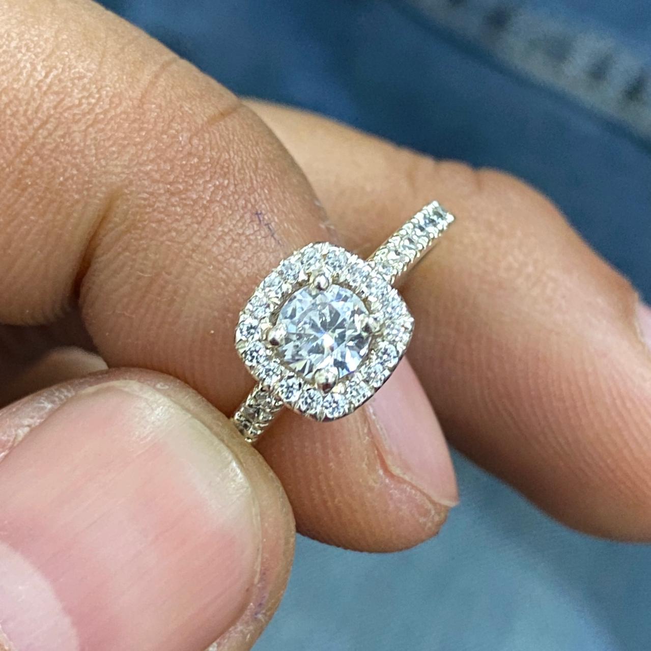 Engagement Ring, Round Halo Eternity. Gold Silver Diamond.