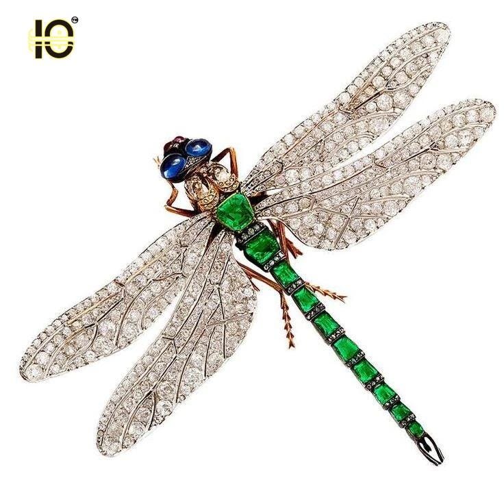 Silver Dragon fly Emerald, Ruby, Sapphire Brooch.