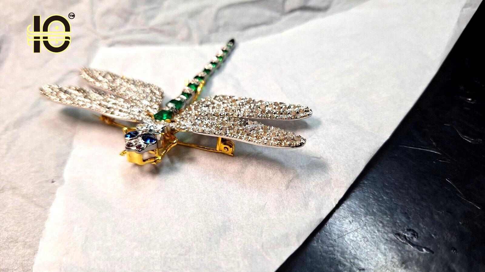 Silver Dragon fly Emerald, Ruby, Sapphire Brooch.