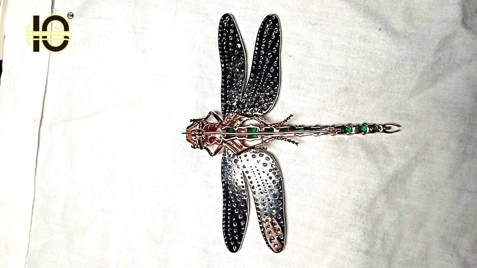 Silver Dragon fly Emerald, Ruby, Sapphire Brooch.