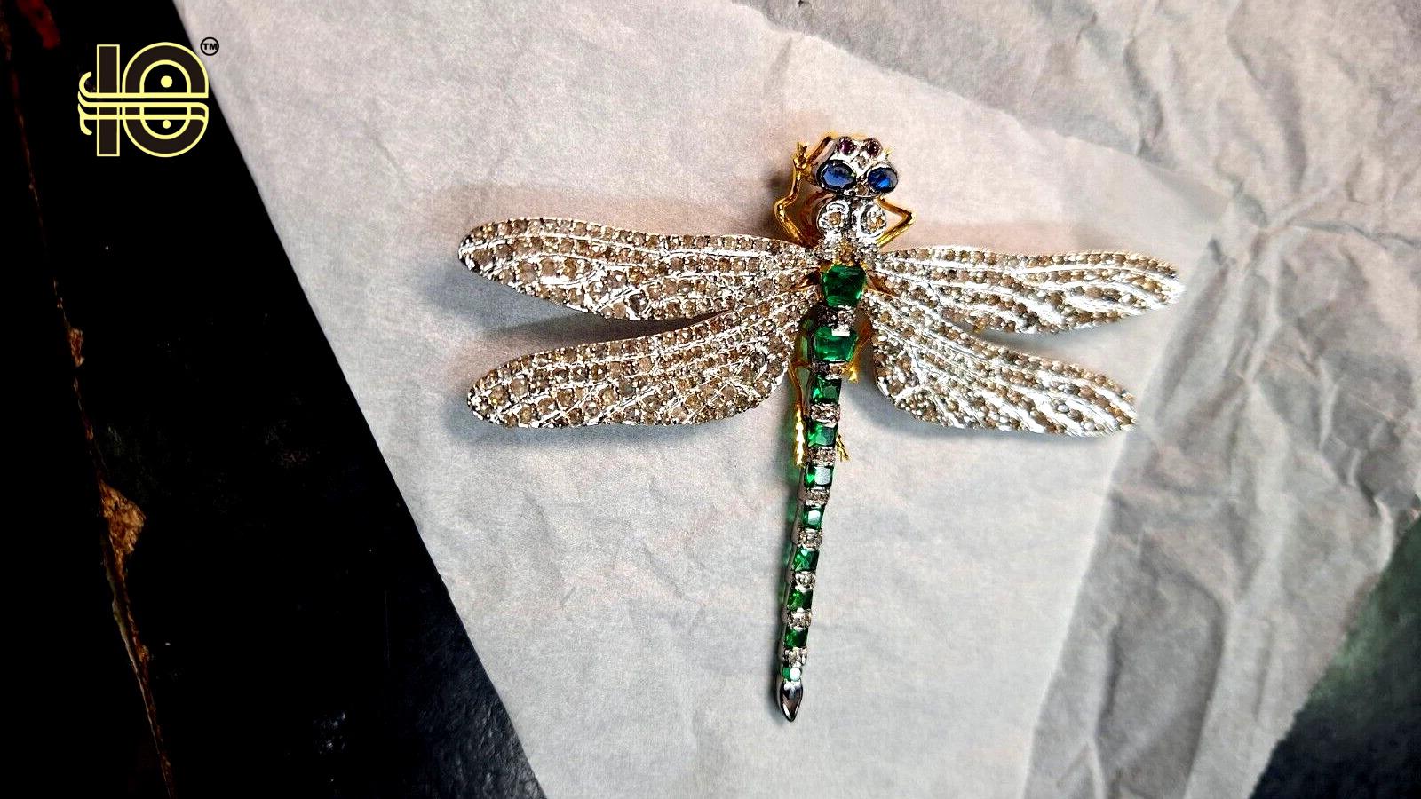 Silver Dragon fly Emerald, Ruby, Sapphire Brooch.
