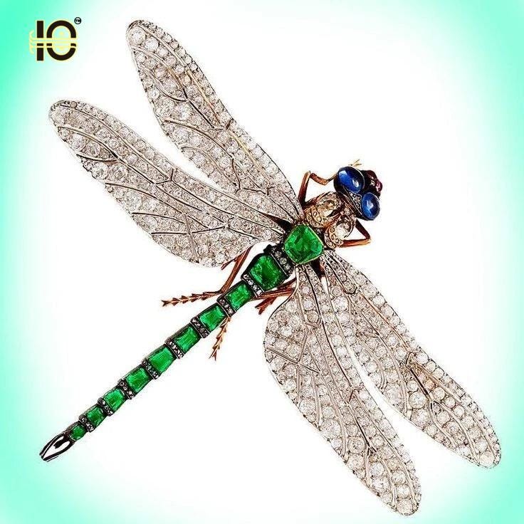 Silver Dragon fly Emerald, Ruby, Sapphire Brooch.