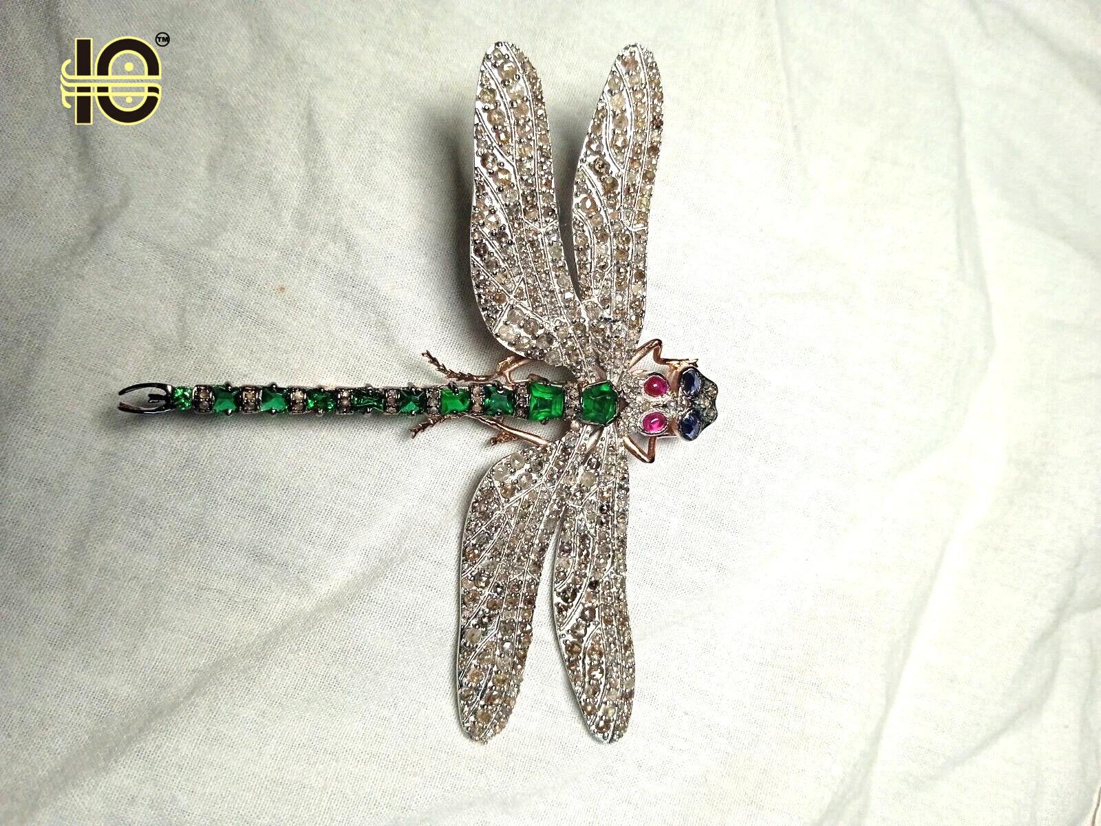 Silver Dragon fly Emerald, Ruby, Sapphire Brooch.