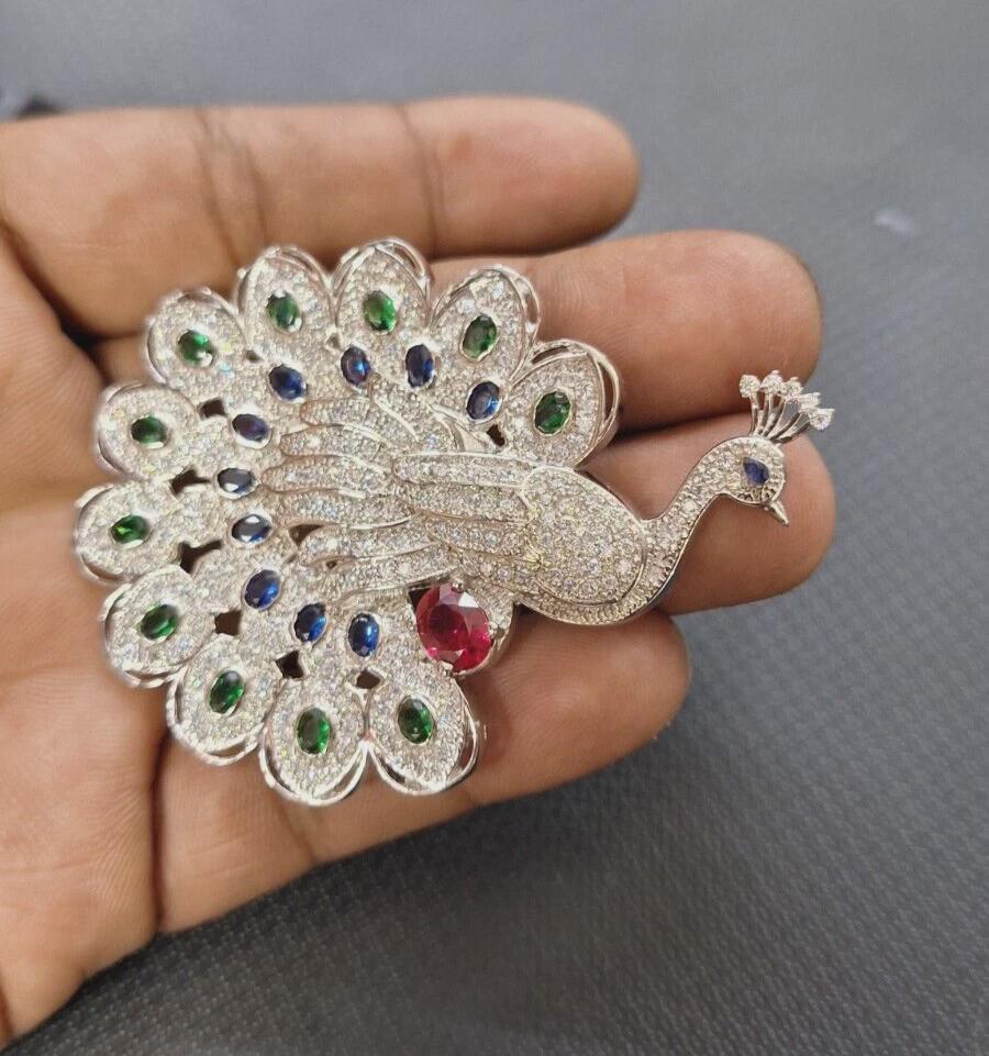 Peacock Brooch. Silver 925. 2ct Sapphire. 2Ct Emerald. 1Ct Ruby.