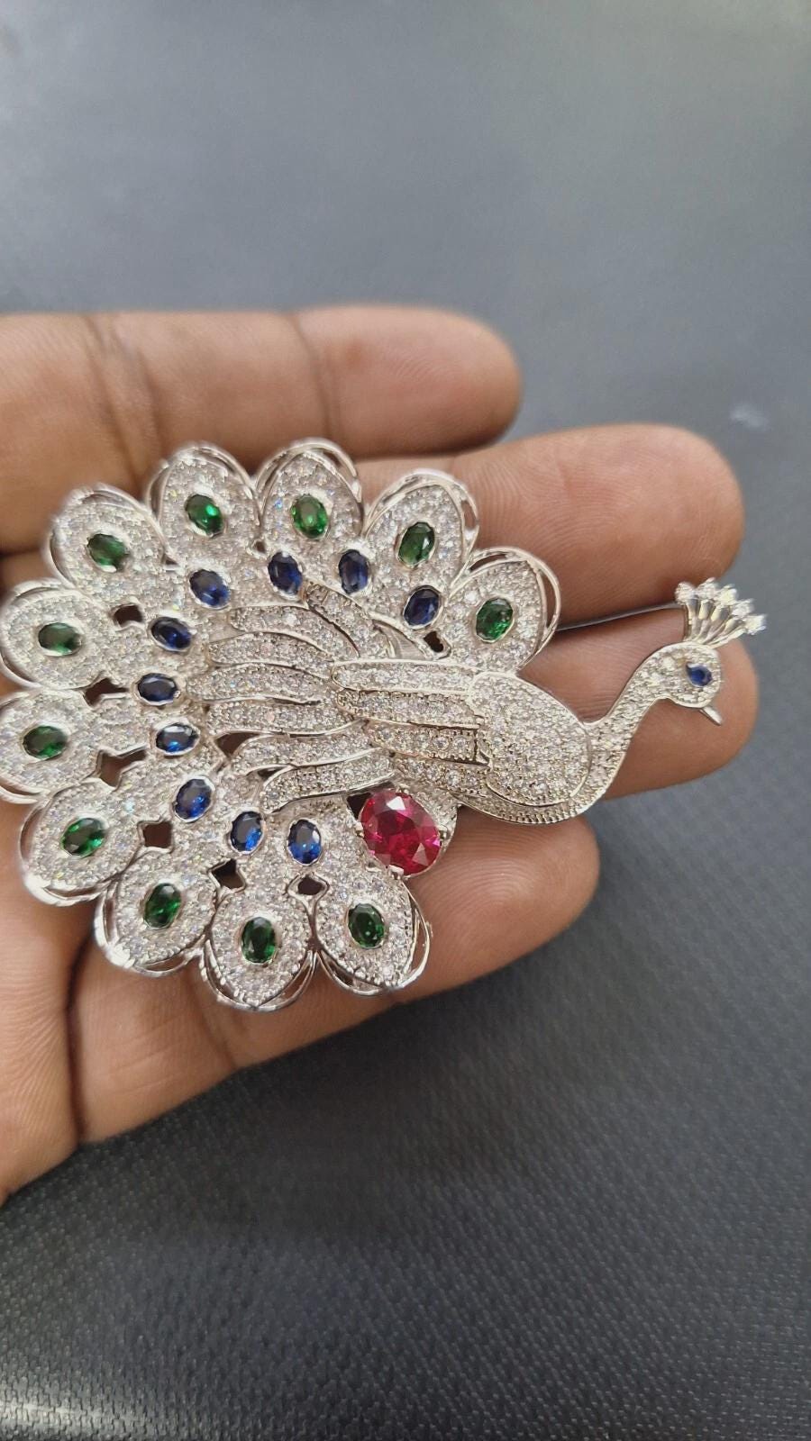 Peacock Brooch. Silver 925. 2ct Sapphire. 2Ct Emerald. 1Ct Ruby.