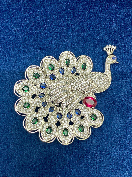 Peacock Brooch. Silver 925. 2ct Sapphire. 2Ct Emerald. 1Ct Ruby.