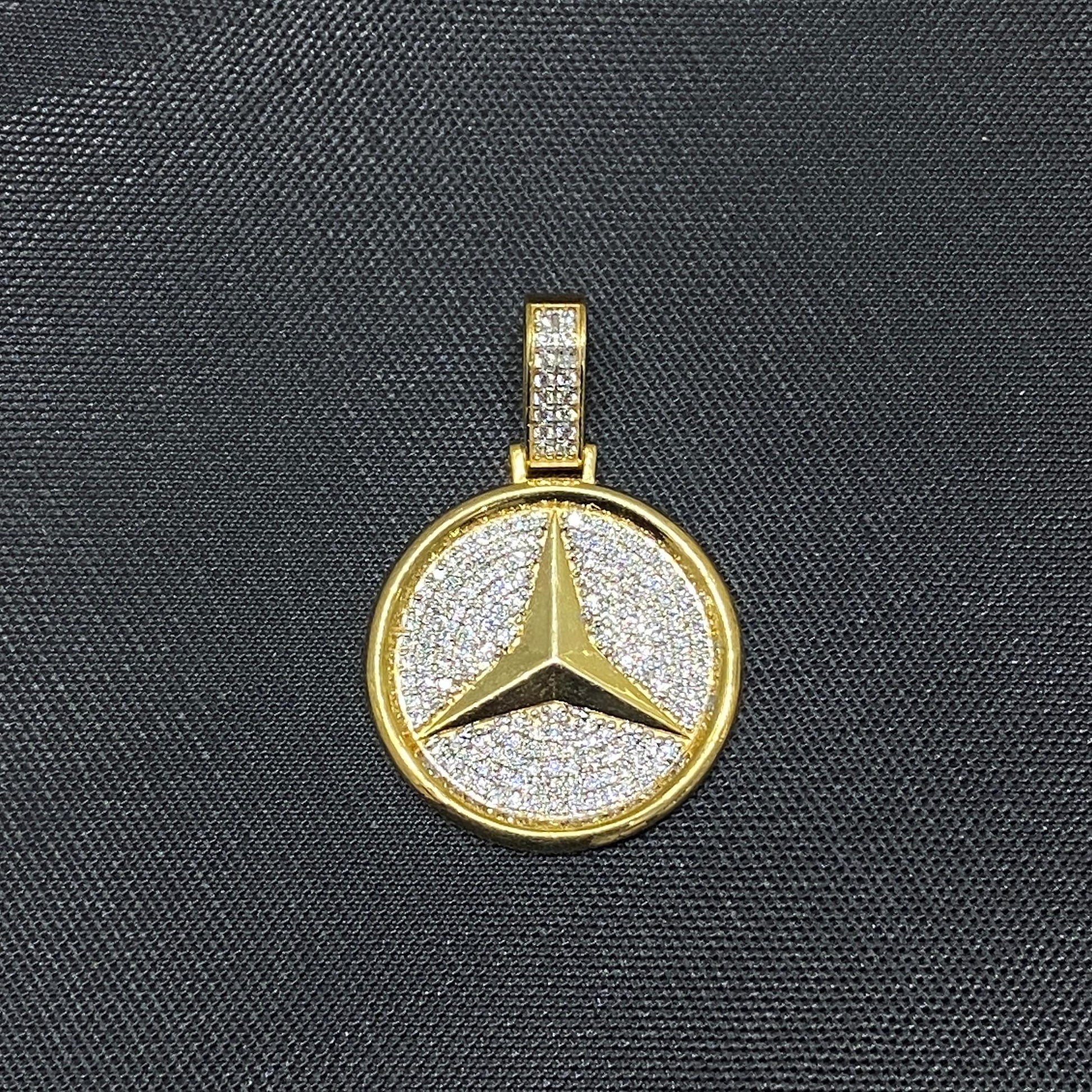 18 karat Gold Plated Silver Mercedes pendant. Hip Hop iced pendant.