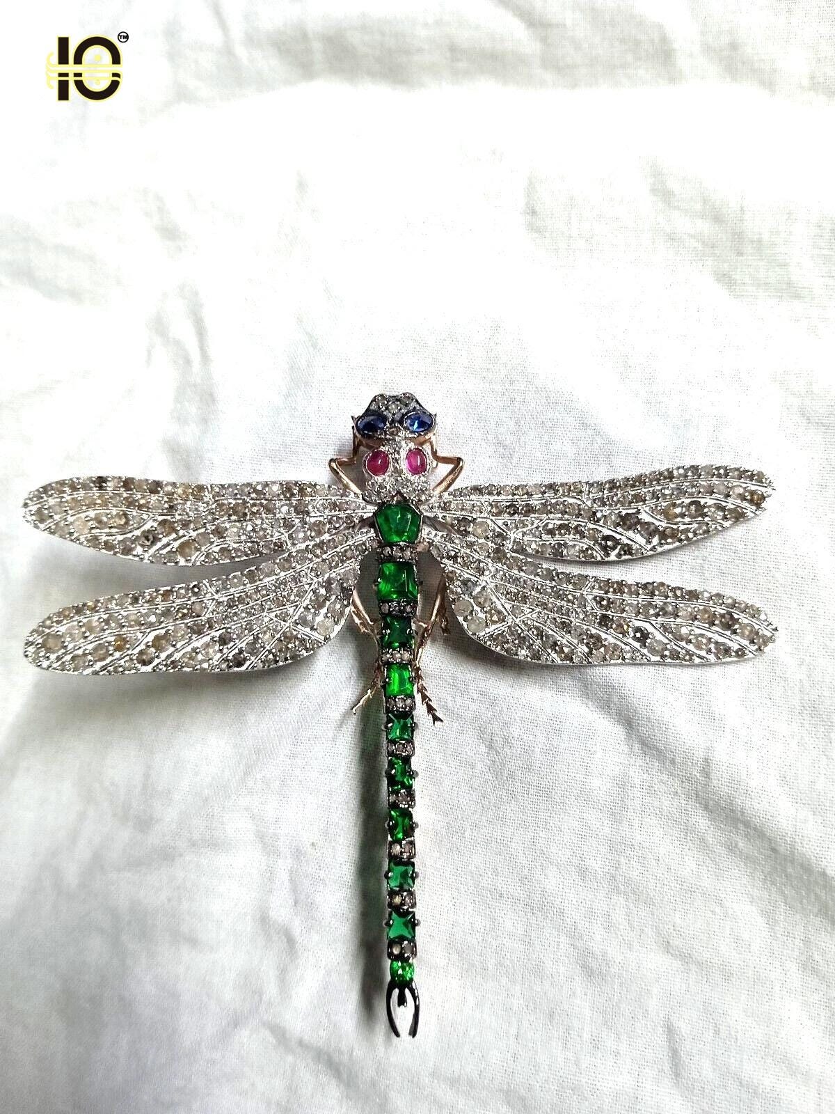 Silver Dragon fly Emerald, Ruby, Sapphire Brooch.