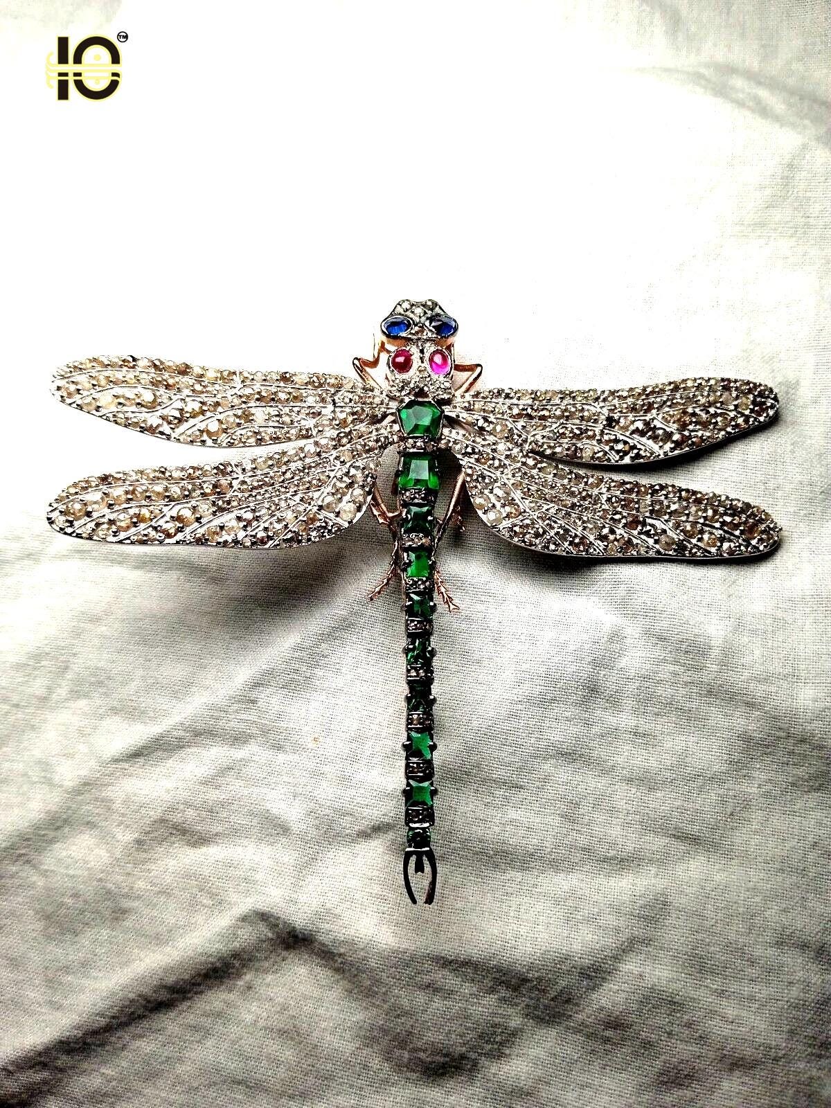 Silver Dragon fly Emerald, Ruby, Sapphire Brooch.