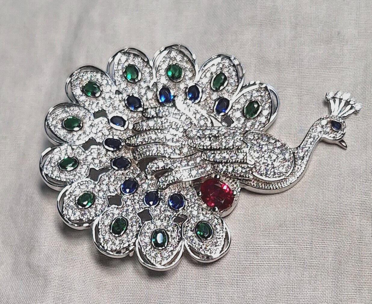 Peacock Brooch. Silver 925. 2ct Sapphire. 2Ct Emerald. 1Ct Ruby.
