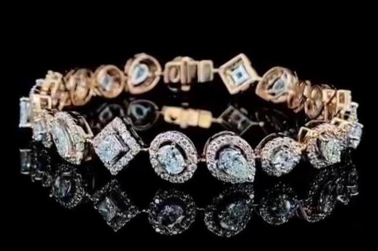 Unique Halo Multi Shape natural diamond bracelet. Solid 14 Karat. 6.5 Inch Wrist Size.