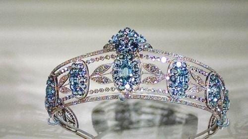 Tiara - Art Deco 90ct Blue Topaz 25ct Natural Diamond - beautiful Wedding Headpiece