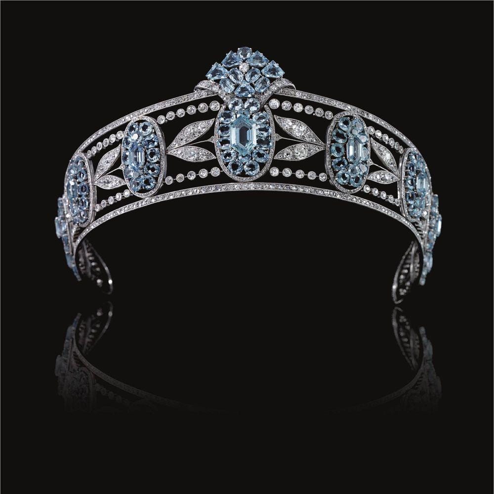 Tiara - Art Deco 90ct Blue Topaz 25ct Natural Diamond - beautiful Wedding Headpiece