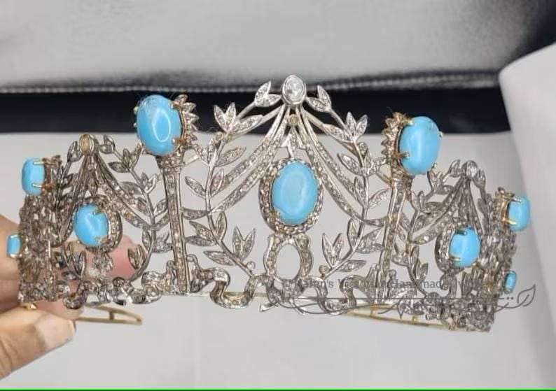 Tiara- 60ct Turquoise 25ct Natural Diamond 925 Sterling Silver Tiara