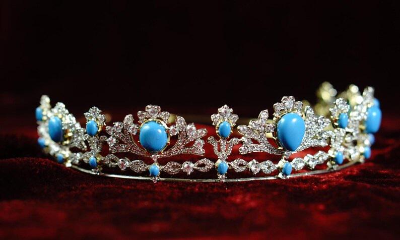 Tiara- 40ct Turquoise 15ct Natural Diamond 925 Sterling Silver Tiara