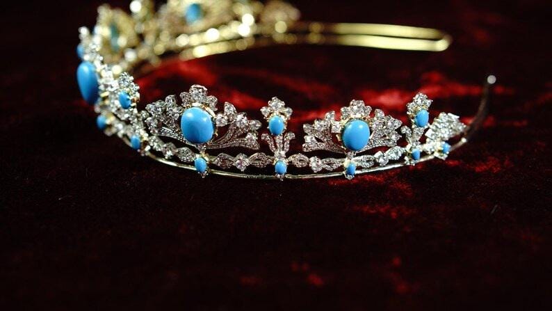 Tiara- 40ct Turquoise 15ct Natural Diamond 925 Sterling Silver Tiara