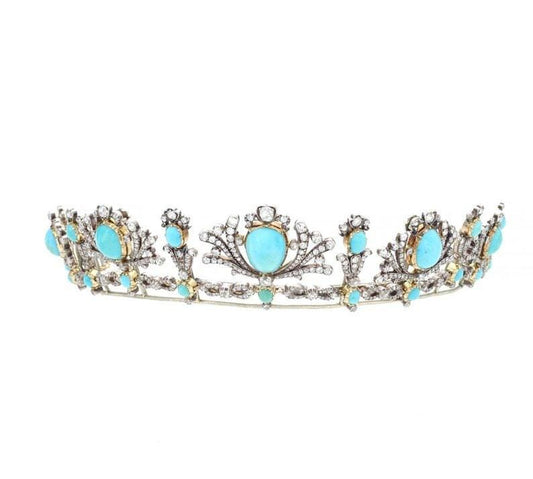 Tiara- 40ct Turquoise 15ct Natural Diamond 925 Sterling Silver Tiara