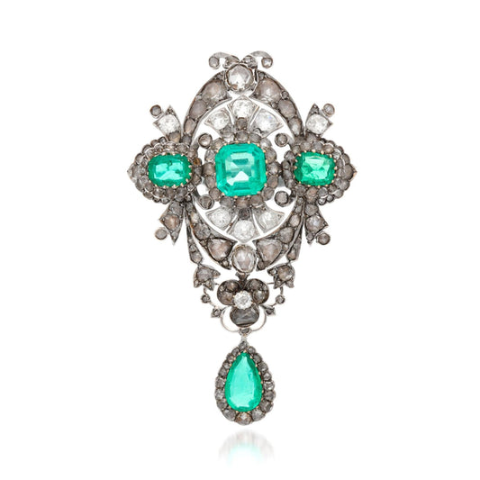 15ct Emerald 2ct Natural Diamond 925 Sterling Silver Brooch
