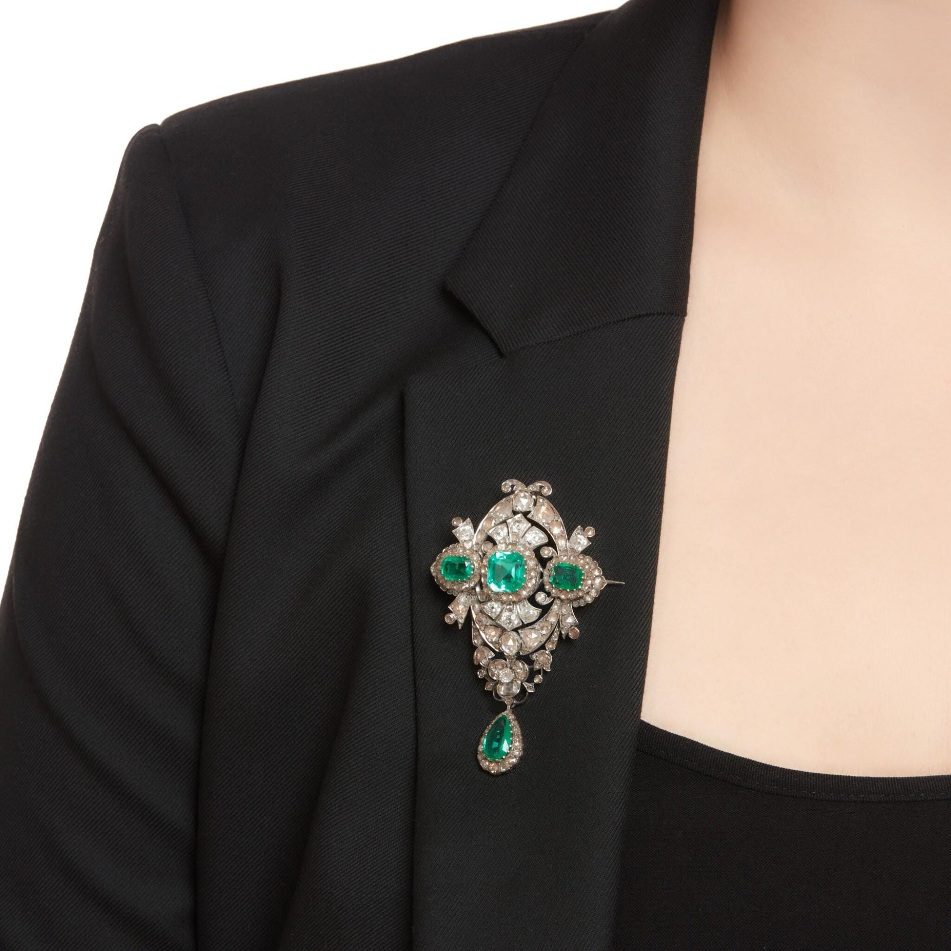 15ct Emerald 2ct Natural Diamond 925 Sterling Silver Brooch
