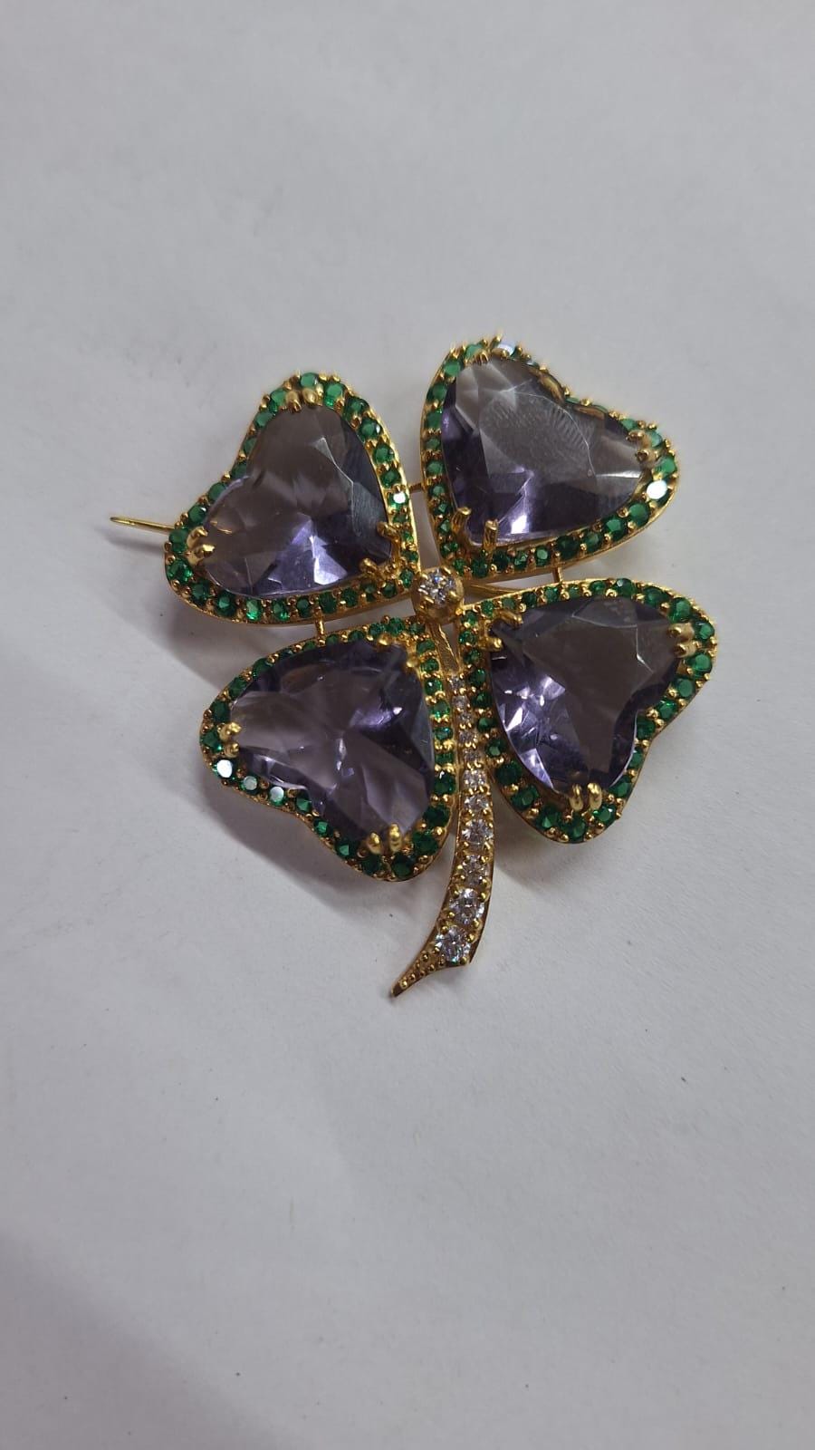35ct Amethyst 1.58ct Emerald 1ct Diamond 925 Sterling Silver Brooch
