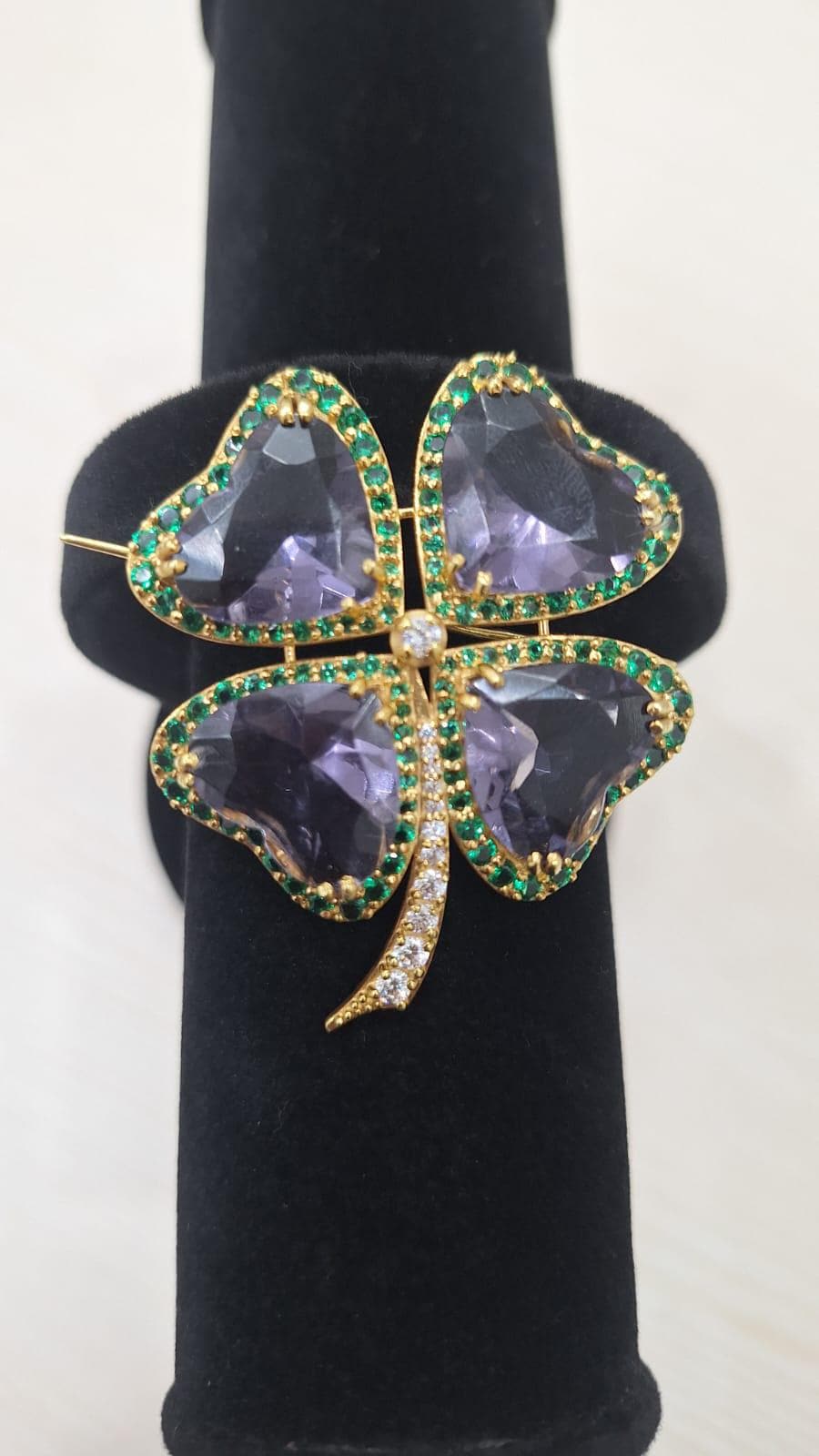 35ct Amethyst 1.58ct Emerald 1ct Diamond 925 Sterling Silver Brooch