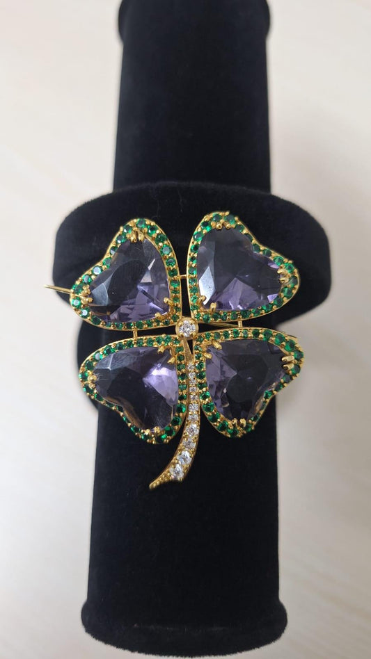 35ct Amethyst 1.58ct Emerald 1ct Diamond 925 Sterling Silver Brooch