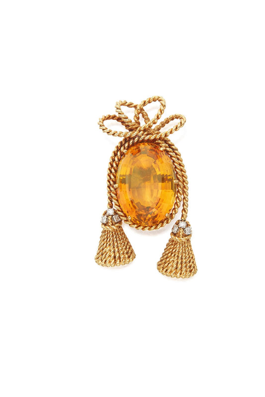 35 CT Golden Topaz 20 Cent Diamond 925 Sterling Silver Brooch