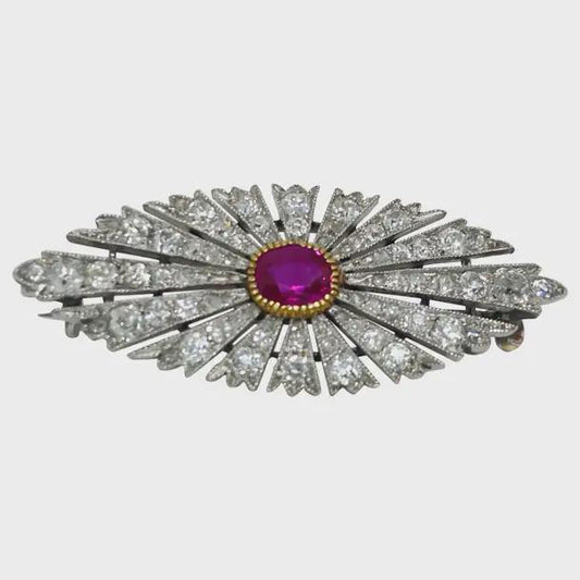 6 CT Ruby 3 CT Natural Diamond 925 Sterling Silver Brooch