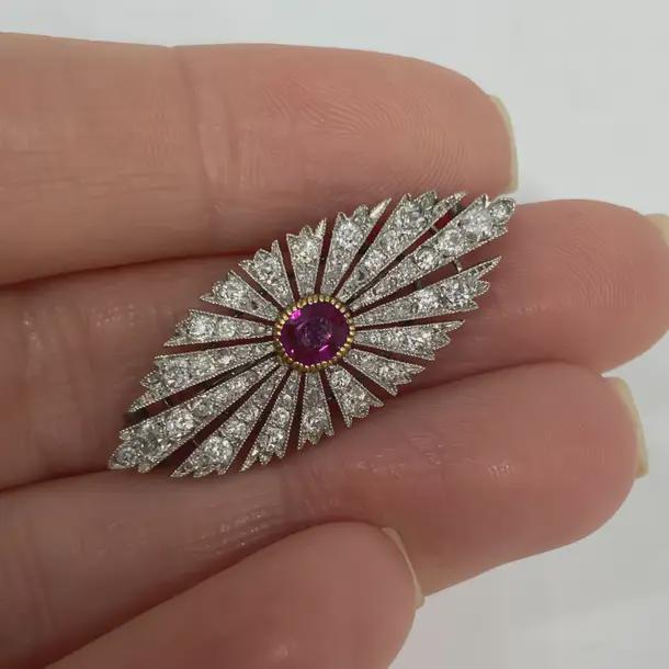 6 CT Ruby 3 CT Natural Diamond 925 Sterling Silver Brooch