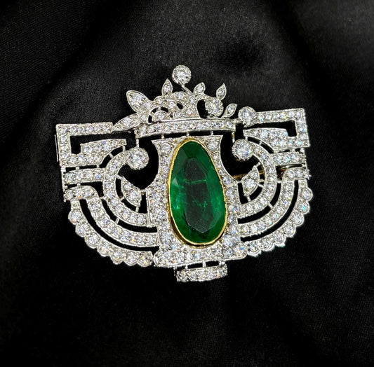 25ct Emerald 4ct Lab Diamond 925 Sterling Silver Brooch