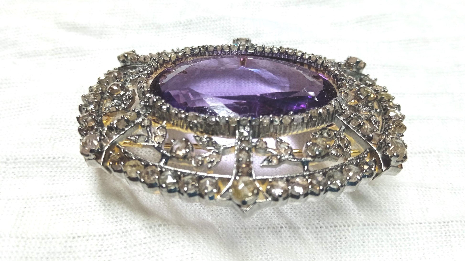 35ct Amethyst 3.5ct Natural Diamond 925 Sterling Silver Brooch