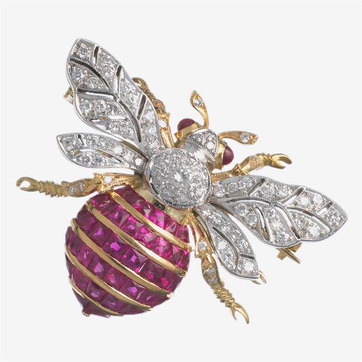 2CT Rubies 2CT Natural Diamond 925 Sterling Silver Bee Brooch