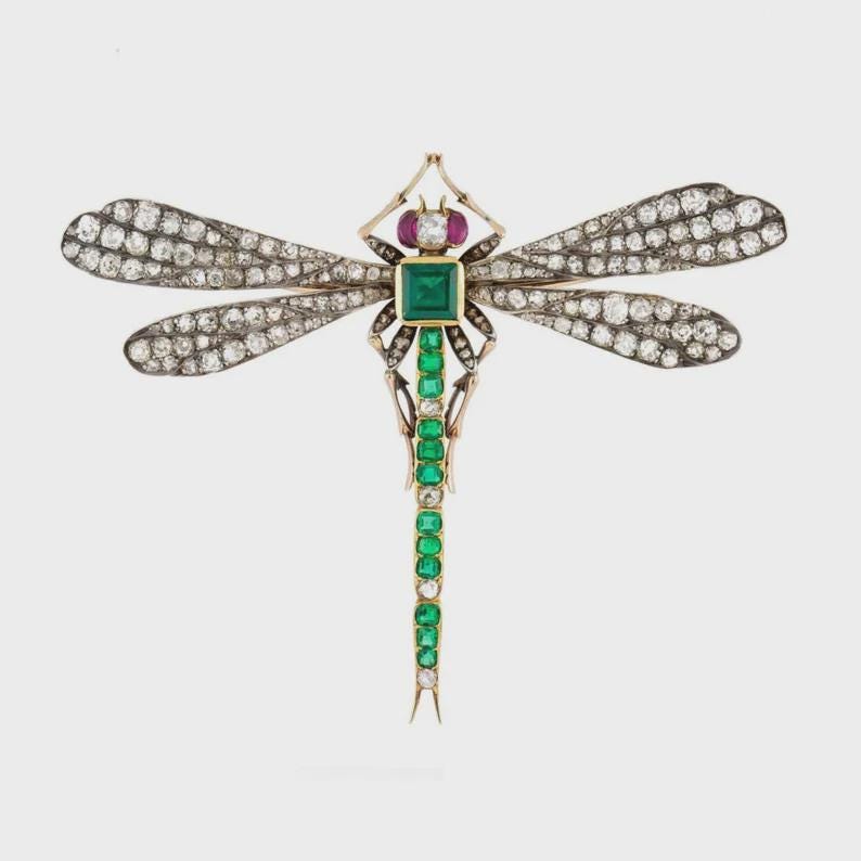 Beautiful Art Deco 8ct Lab Emerald 2.5ct Natural Diamond 10 Cent Ruby, 925 Sterling Silver Handmade Dragonfly Brooch