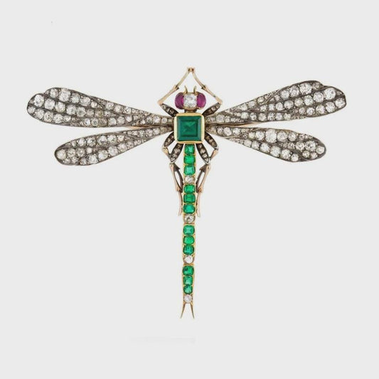 Beautiful Art Deco 8ct Lab Emerald 2.5ct Natural Diamond 10 Cent Ruby, 925 Sterling Silver Handmade Dragonfly Brooch