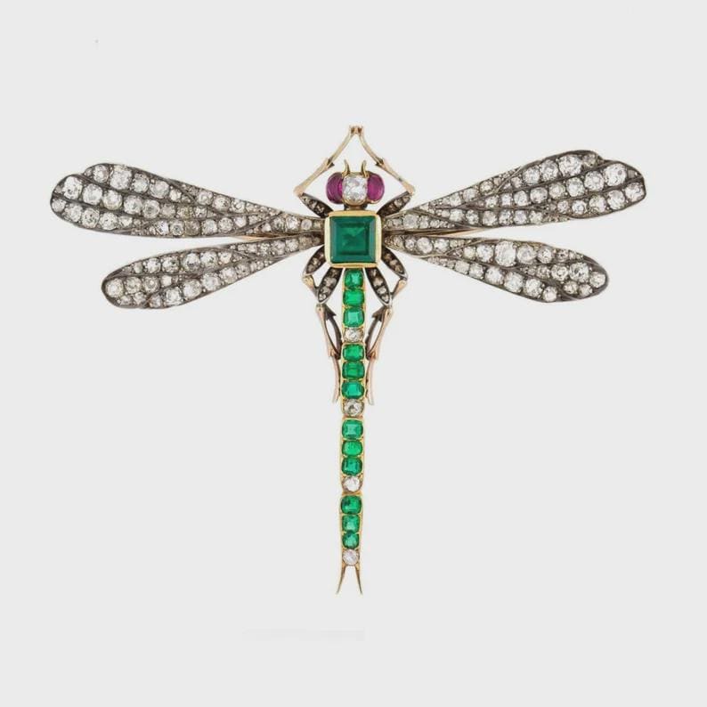 Beautiful Art Deco 8ct Lab Emerald 2.5ct Natural Diamond 10 Cent Ruby, 925 Sterling Silver Handmade Dragonfly Brooch