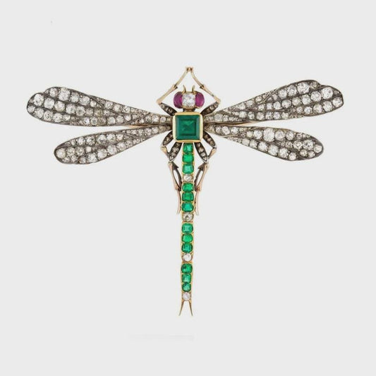Beautiful Art Deco 8ct Lab Emerald 2.5ct Natural Diamond 10 Cent Ruby, 925 Sterling Silver Handmade Dragonfly Brooch