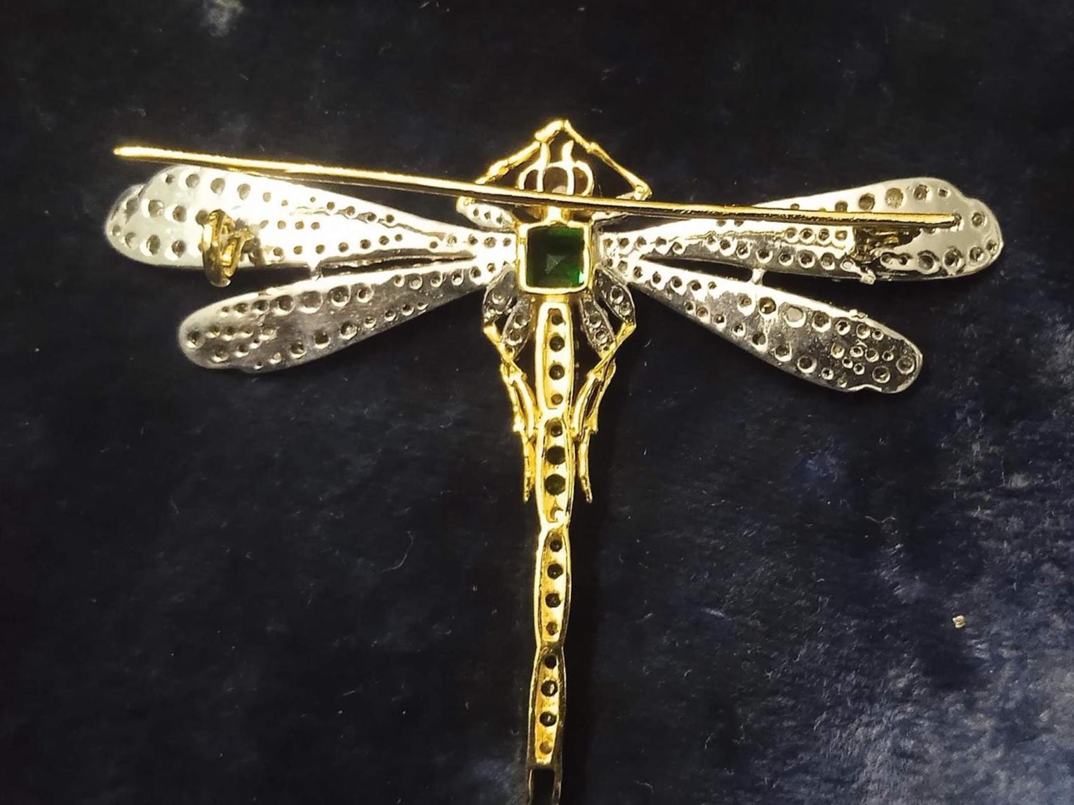 Beautiful Art Deco 8ct Lab Emerald 2.5ct Natural Diamond 10 Cent Ruby, 925 Sterling Silver Handmade Dragonfly Brooch